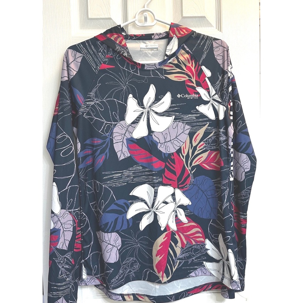 Columbia PFG Womens Navy Tropical Floral Sun Hoodie Fishing Shirt Size Medium